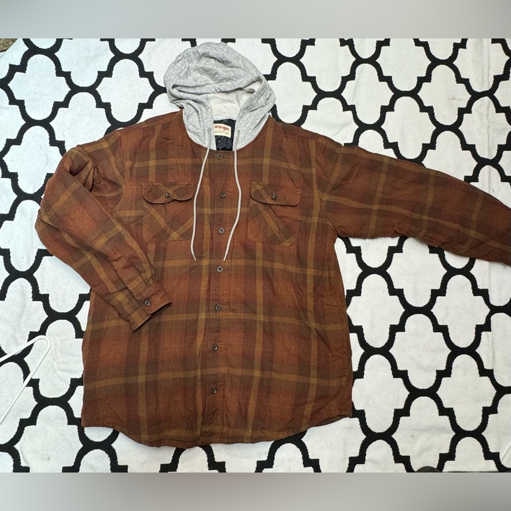 Wrangler Mens Quilted Lined Flannel Shirt Jacket w/ Hood - XL